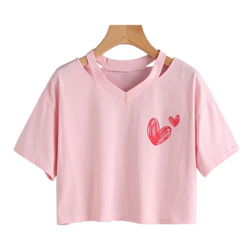 Elegant Women's Cropped T Shirt Casual Short-sleeve Heart Print Crop Tops 2000s Korean Style T Shirt Gothic Y2k Tshirt Clothes