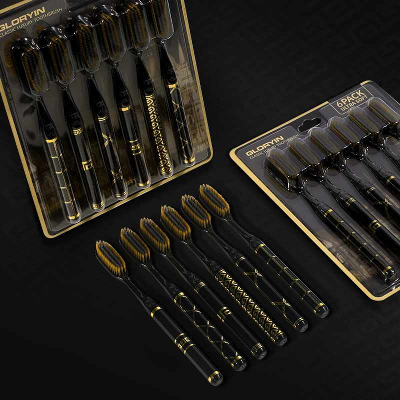 GLORYIN [12-PCS] [6-PCS] Black Gold Series Extended Brush Head, Home Adult Couple Soft Toothbrush, Travel Essential