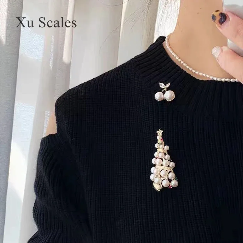 New Natural Freshwater Pearl Brooch Christmas Tree Zircon Corsage Fashion and Delicate Women's Clothing Jewelry 14K Gold Gift