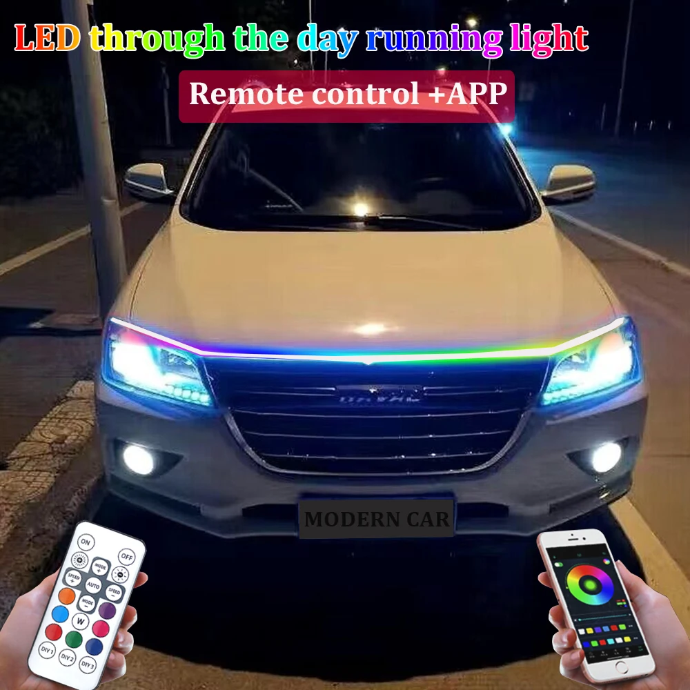 

Dynamic Flow RGB LED Car Hood Light With Trun Signal APP Remote Control Daytime Running Lights Auto Decorative Ambient Lamp 12V