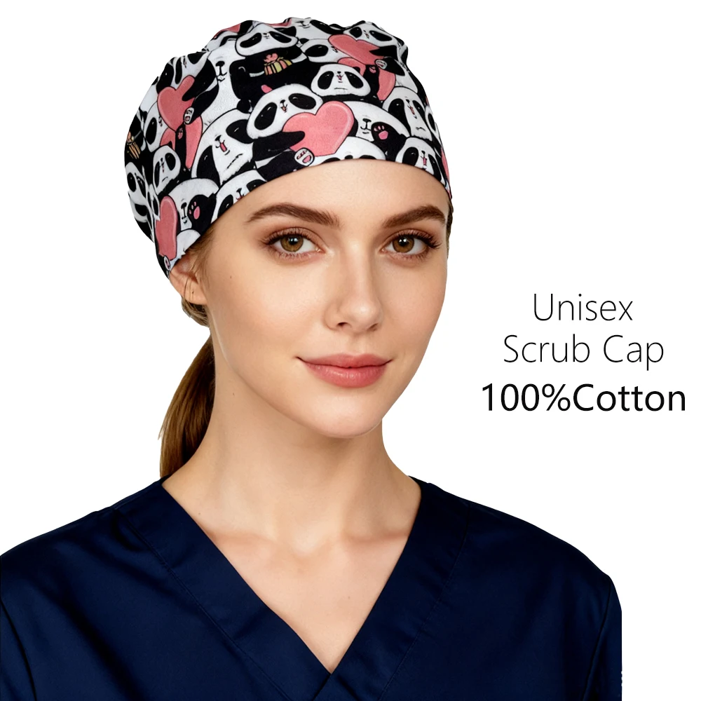 Unisex panda Printed Cotton scrub cap Operating room scrub hat with sweatband medical dental Pet work hats for women men