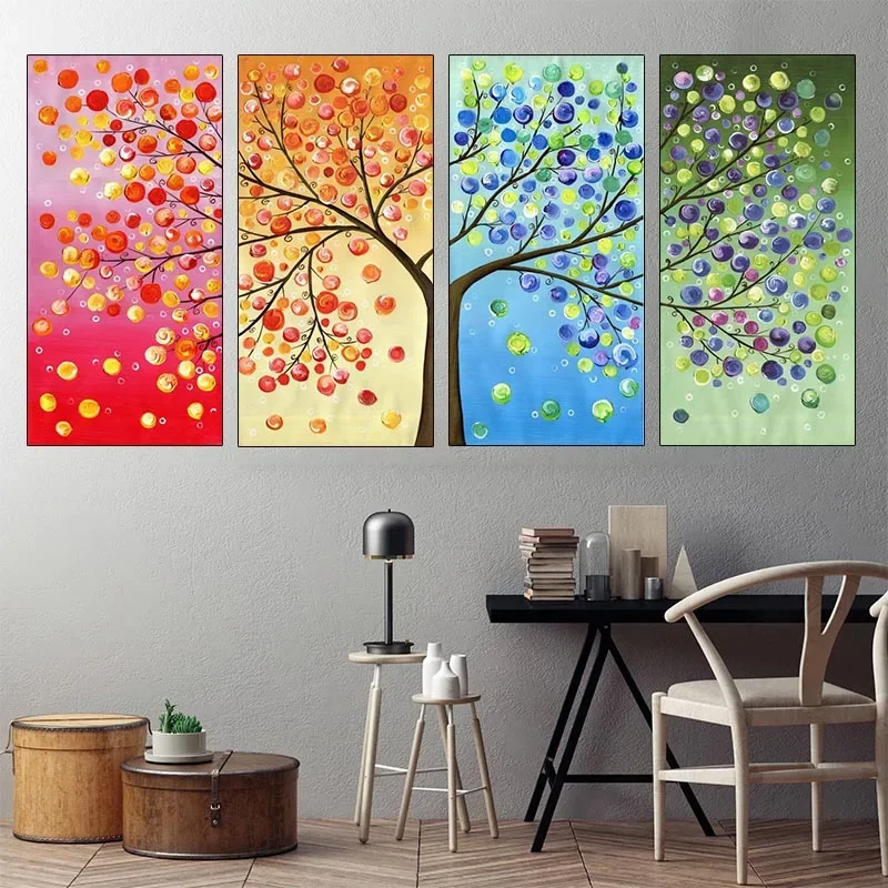 4 Pcs Four Season Lucky Life Tree Landscape Plant Posters Canvas Wall Art Picture Home Decor Paintings for Bedroom Decorations