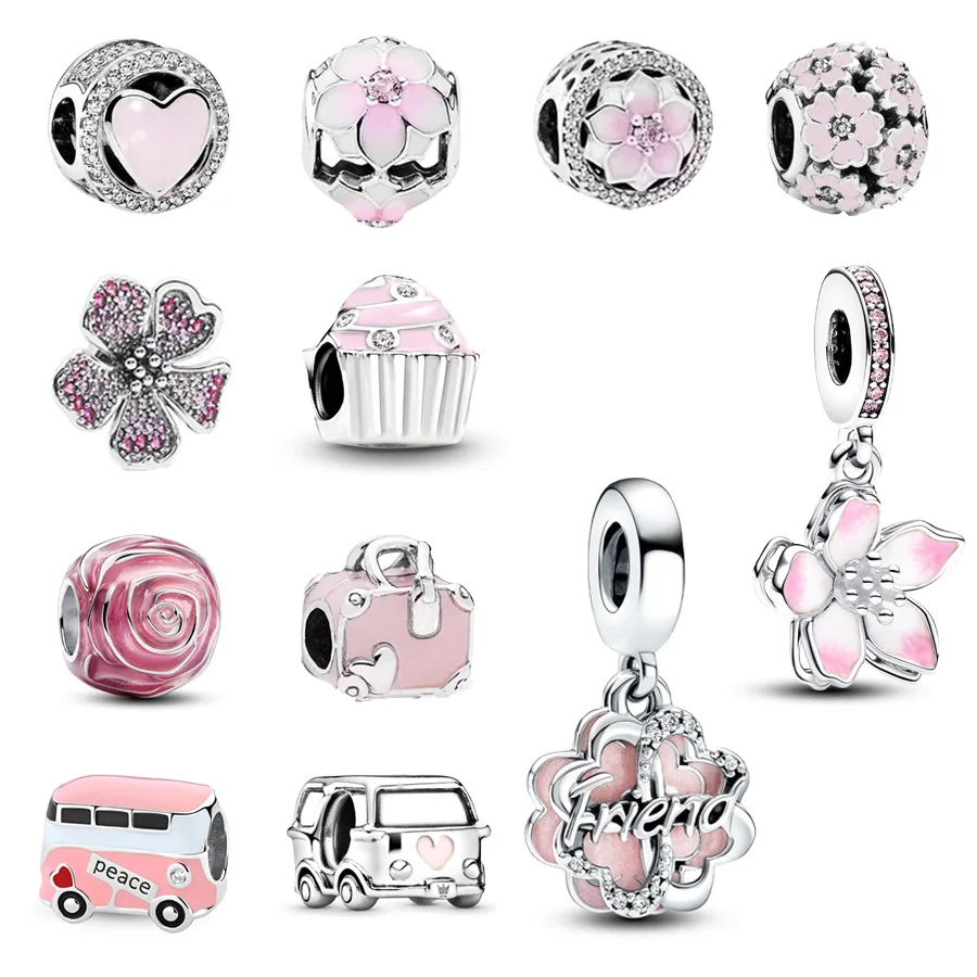 New Pink Series Charm Peace Bus，Cherry Blossom，Four-leaf Clover Dangle Bead Fit Original Silver 925 Pandora Bracelet DIY Jewelry