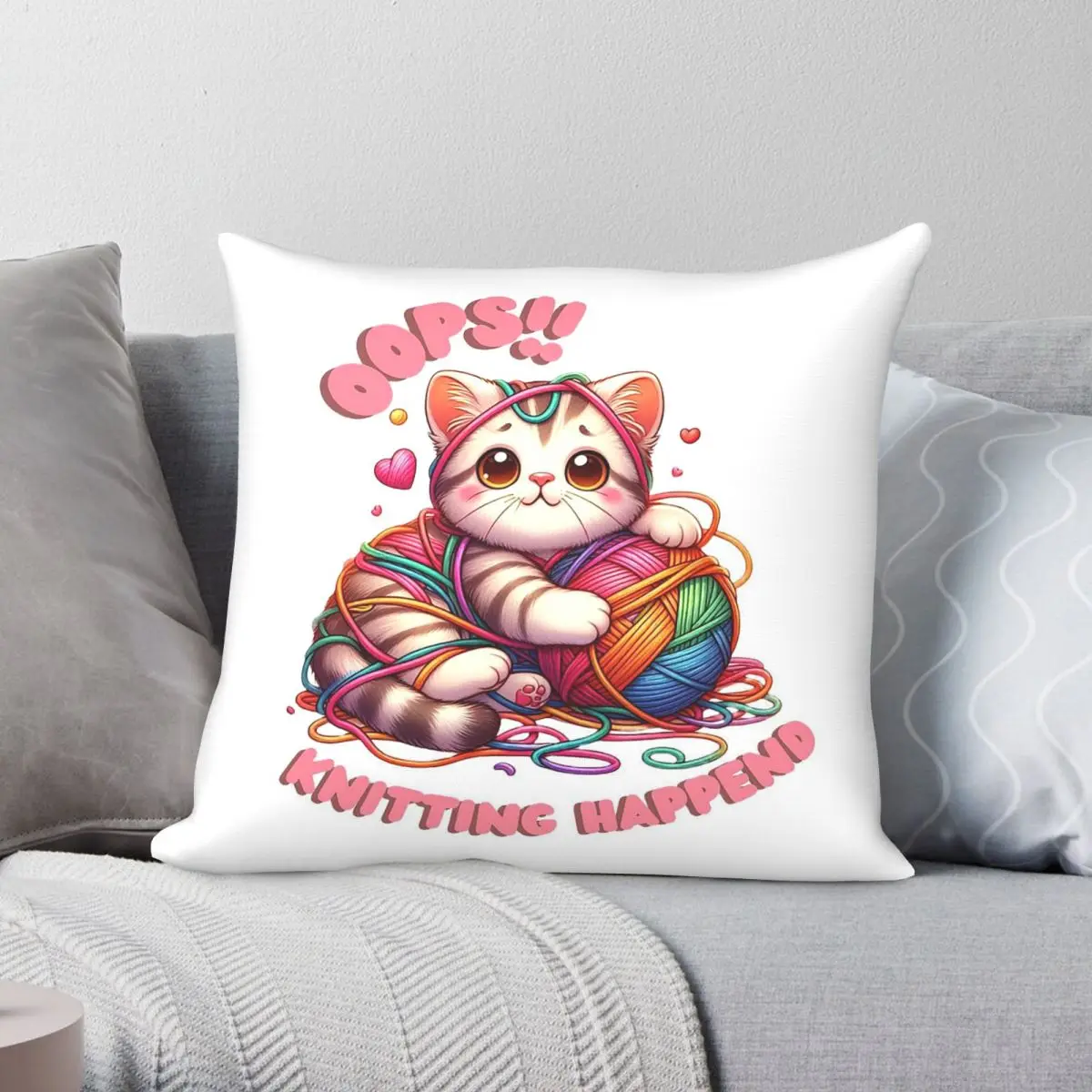 Oops Knitting Happend Pillowcase Polyester Linen Velvet Creative Zip Decor Pillow Case Car Cushion Cover 45x45