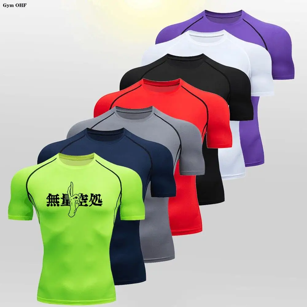Anime Compression Shirts For Men Summer Short Sleeve Rash Guard Gym Workout Tshirt Athletic Quick Dry Baselayer Undershirts