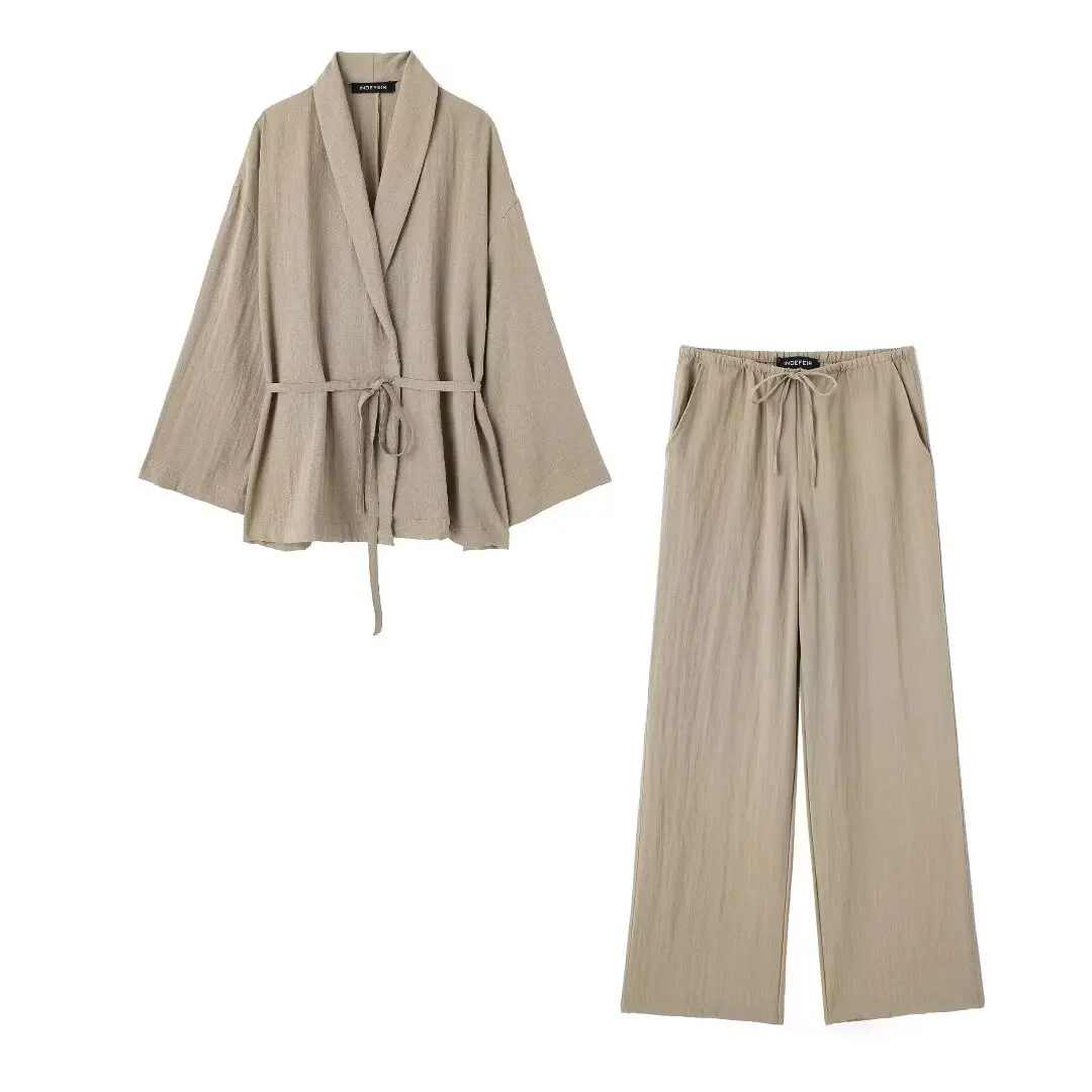 TRAFZA Vintage Linen Oversized Sashes Kimono Shirts+High Waist Wide Leg Pants Fashion 2024 Summer Casual Khaki Loose Female Suit