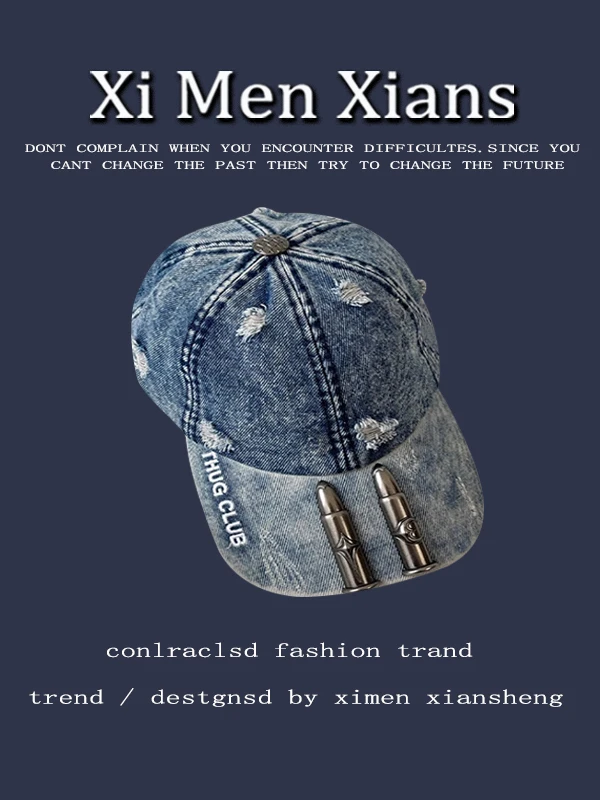 

Waed Denim Baseball Cap Soft Top High Street Vintage Hole Heavy Metal Bullet ex Dubill Cap Street Sle Spring Autumn