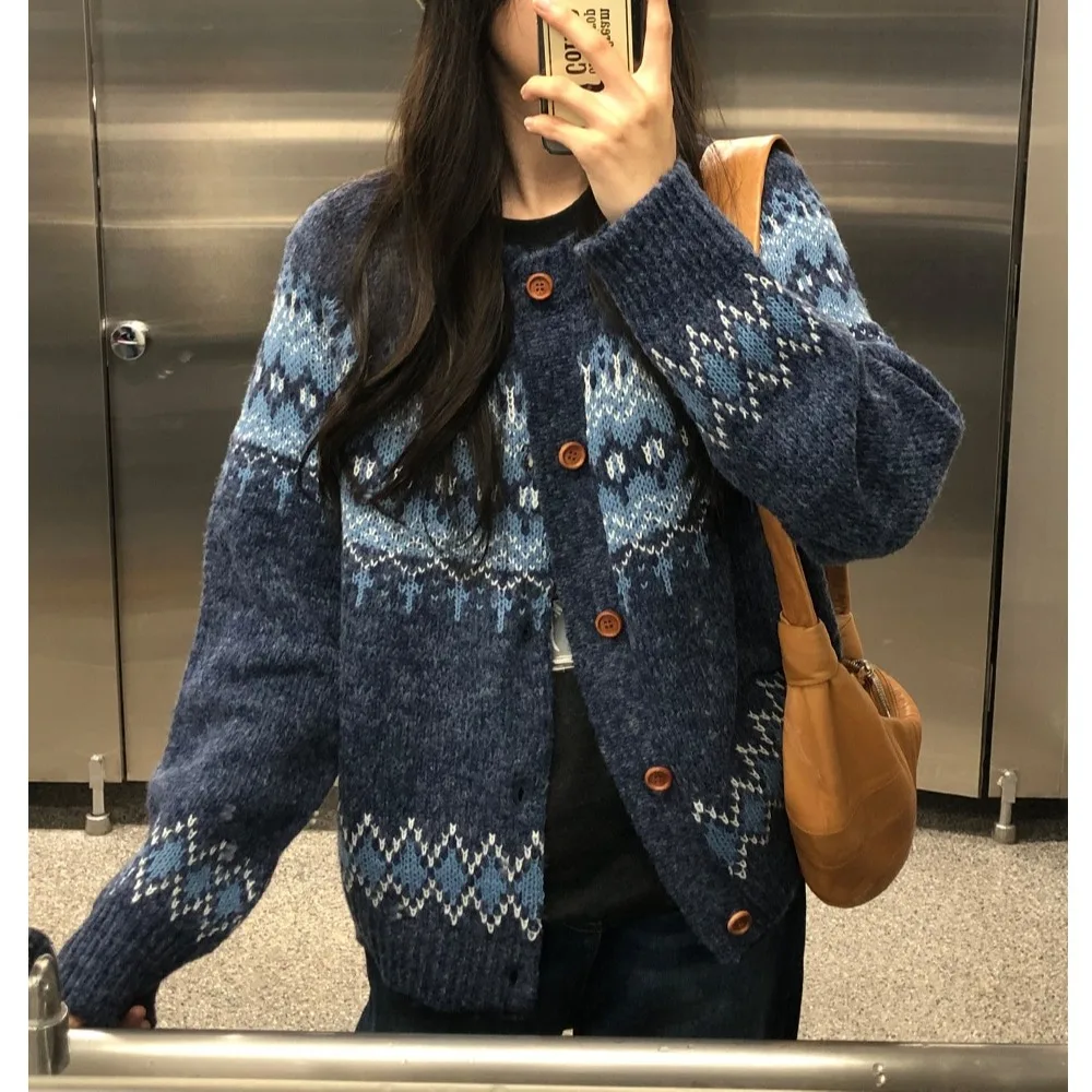 

Chic Lazy Women's Sweater Versatile Autumn Winter Vintage Fair Isle Pattern High Quali Outerwear Top for Younger Look