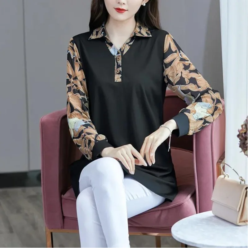 Autumn and Winter Oversize Versatile Commuting Women's Clothing Splice Button Printed POLO Collar Long Sleeve Pullover Shirt