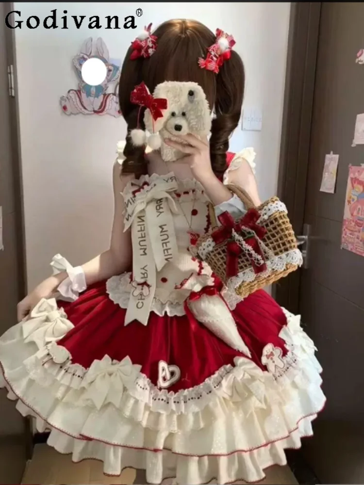 Sweet Cute Red and White Lolita Slash Neck Suspender Princess Dress Fashion High Waist A-line Age Reduction Short Cake Dresses