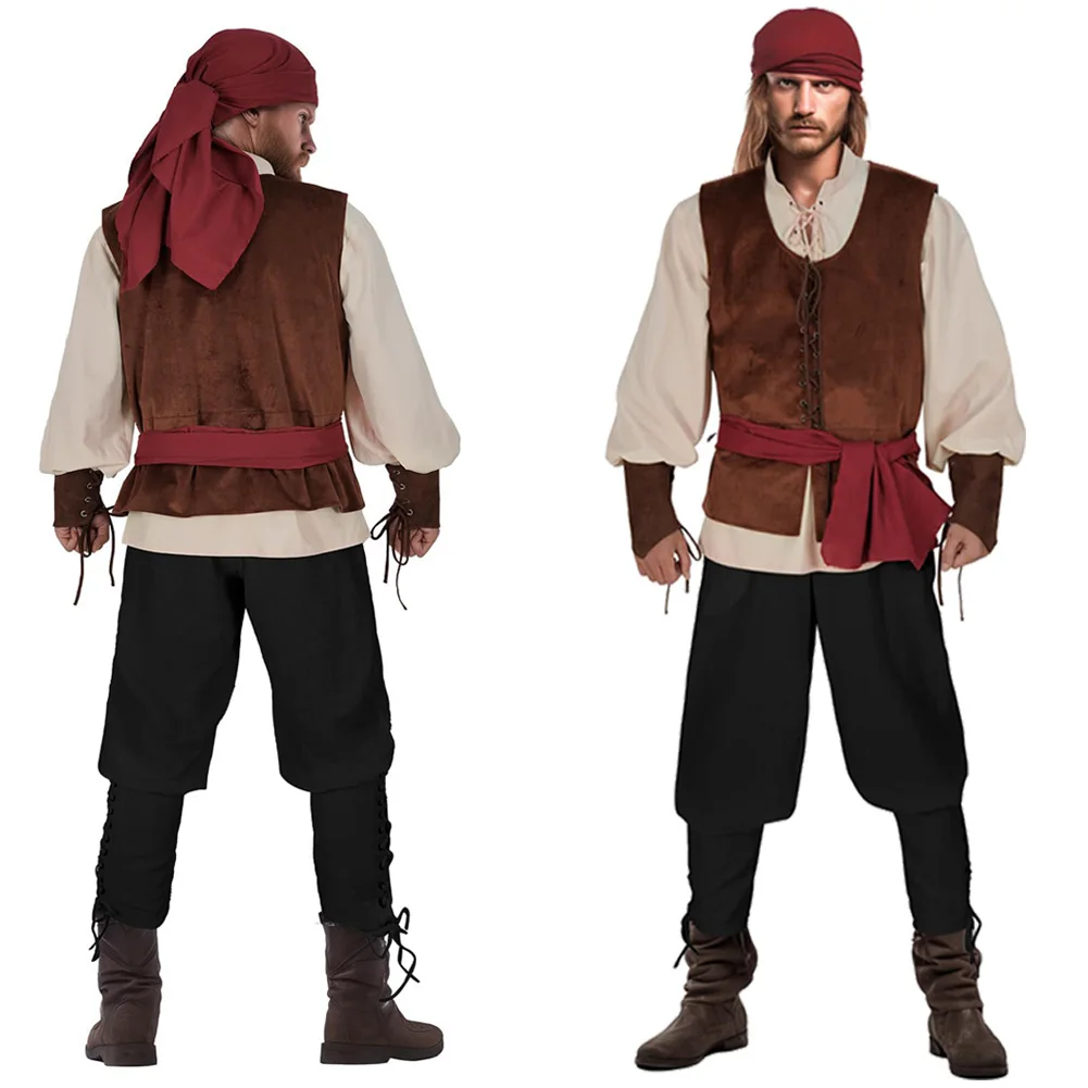 Medieval Pirate Cosplay Red Striped Costume Renaissance Roleplay Pirate Stage Performance Outfits Hat Scarf Vest Halloween Suit