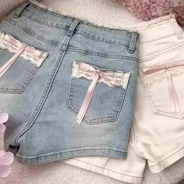 Pure Lace Bow Denim Shorts Women Summer New High-Waisted Slim Niche Design Hot Girl Shorts