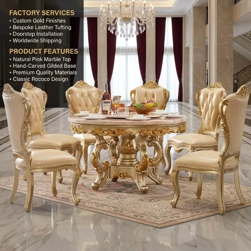 Elegant European Style Solid Wood Marble Round Luxurious Ornate Dining Room Table Champagne Gold Dining Table Chair