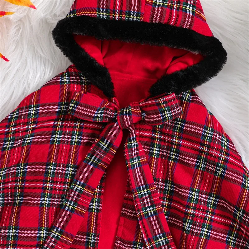 Christmas Toddler Girl Red Plaid Hooded Poncho Cloak Role-playing Costume with Reindeer Antlers for Cosplay Party