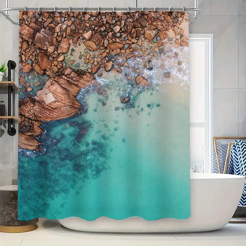 

Coastal Shower Curtain Waterproof Decorative Bathroom Liner with Stone Print for Home Decoration Green, Blue Brown Color Combina