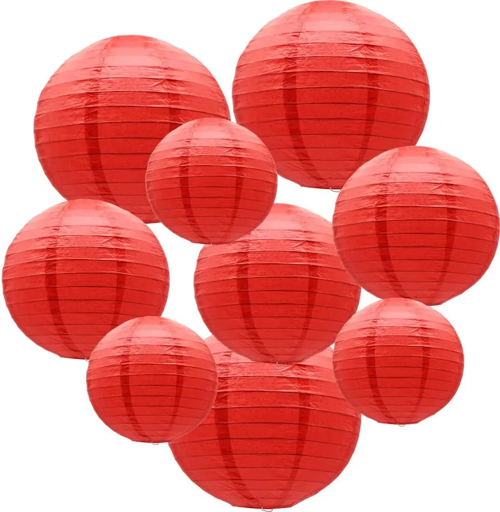 Round Hanging Paper Lanterns Decorations for Party Wedding Birthday Baby Showers Christmas Supplies, Red 12'',10'', 8'', 9 Pack