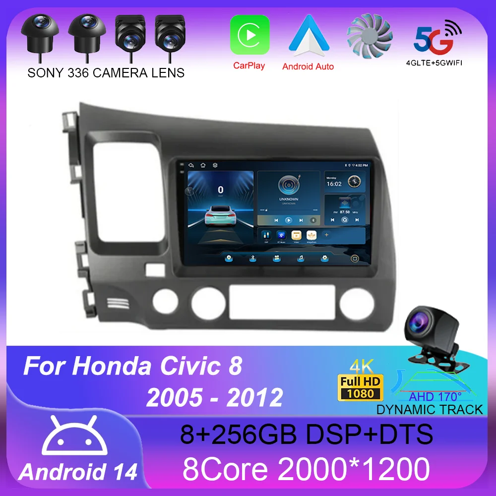 

9" DSP Android 14 Car Stereo Radio For Honda Civic 8 2005 - 2012 Multimedia Video Player Navigation GPS 2 Din 4G WiFi Audio DVD