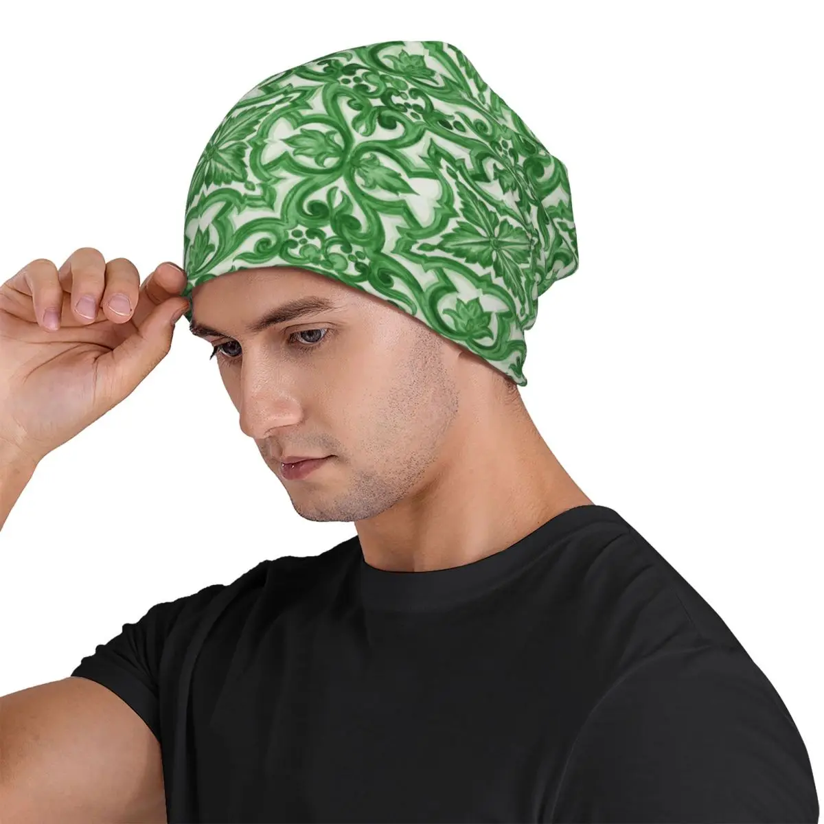Green Ornate Floral Mediterranean Sicilian Tile Adult Beanies Caps Knitted Bonnet Hat Warm Fashion Autumn Winter Skullies Hats