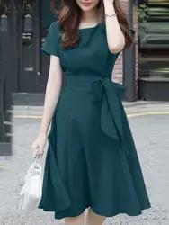 ZANZEA Summer Short Sleeve Dress Women Fashion Party Work Sundress Elegant Solid A-line Vestido Casual Knee-length Robe Femme