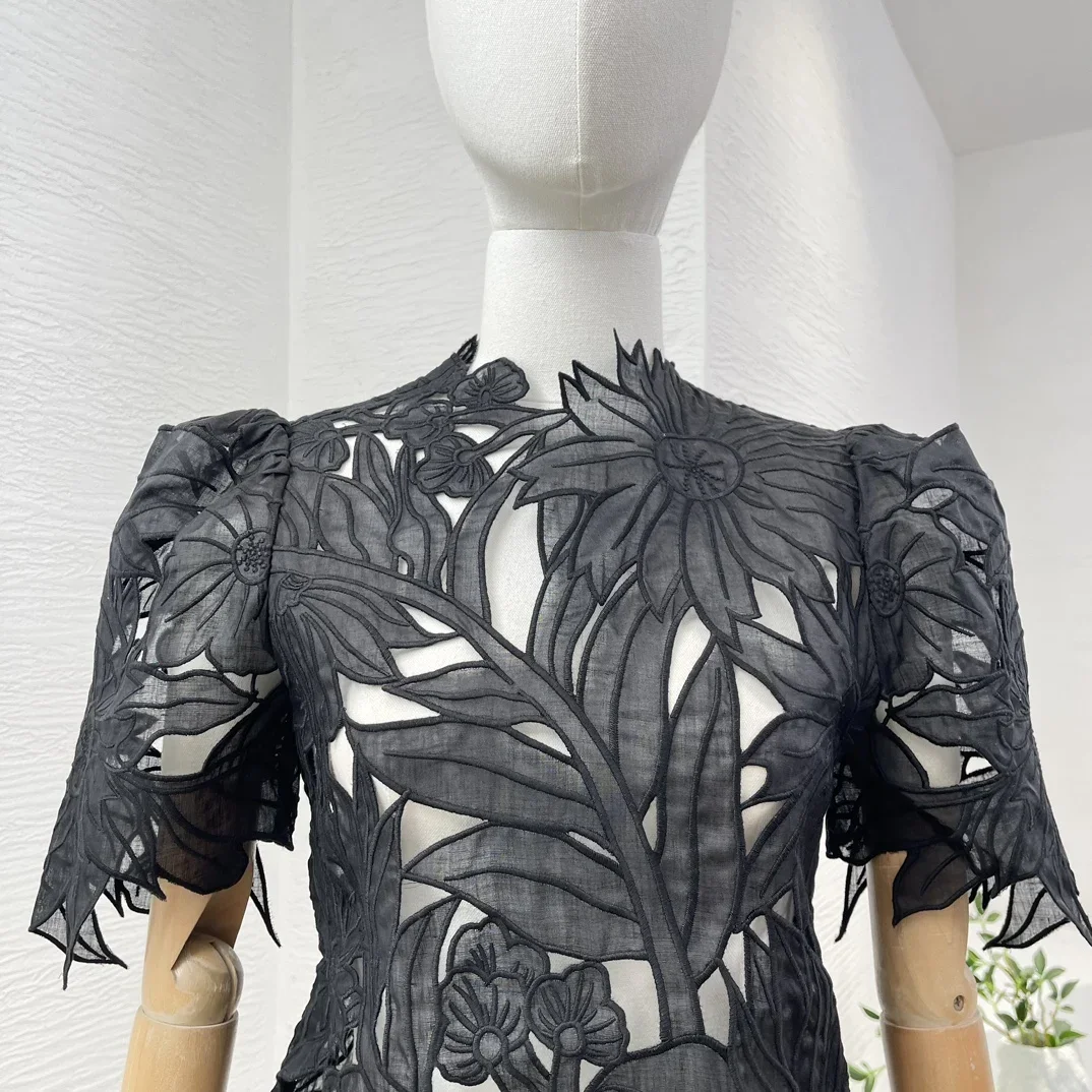 2024 New Summer Fashionable Black Embroidery Hollow Out Short Sleeve Women All-matching White Blouse Tops