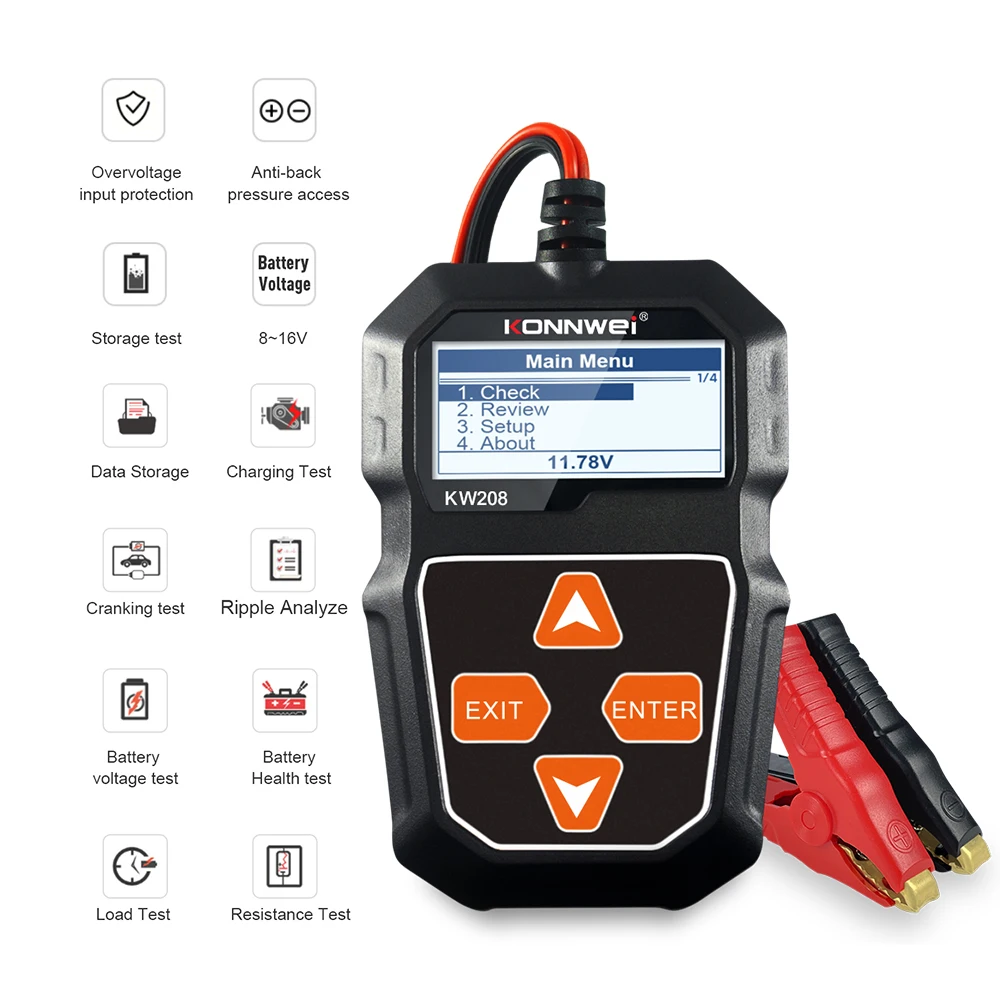 KONNWEI KW208 12V Tester di carico della batteria dell\'auto analizzatore automobilistico professionale dell\'alternatore Test di tensione della forma