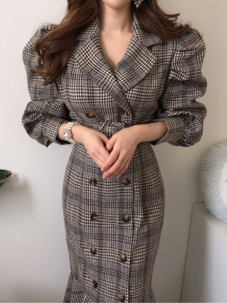 

Chic Autumnal Vintage Cheered Fi Tail Dr with Belt And Double Breasted Suit Collar Long Sve Commute Sle Women's C...