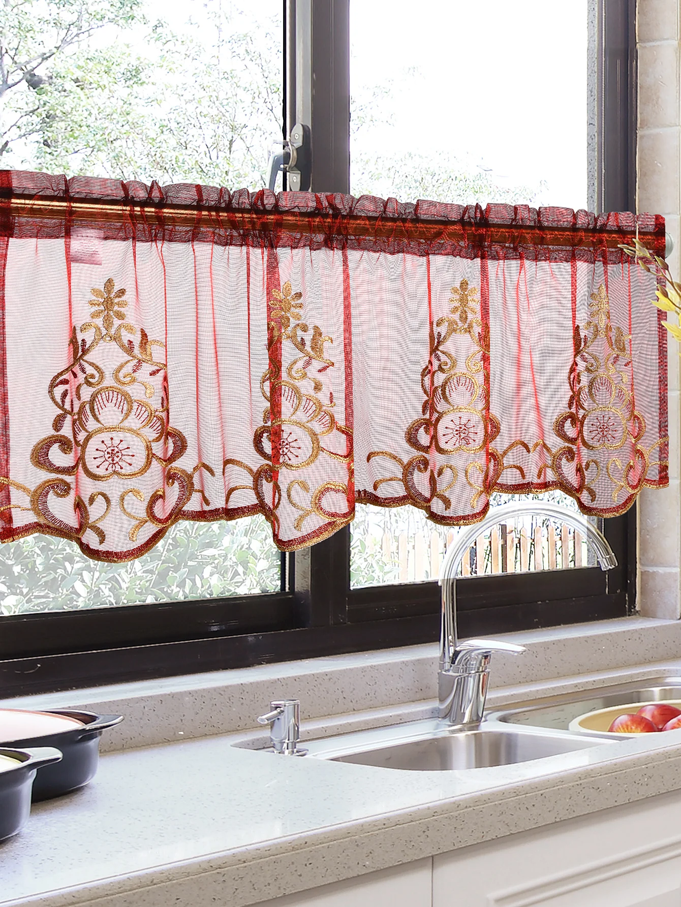 1 PC Embroidery Sheer Valance，Sweet and Cute Style Window and Cabient Short Curtain Decor，Rod Pocket  Half Sheer Kitchen Curtain