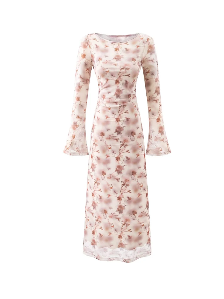 Damen-Mesh-Kleid mit Blumendruck, ausgestellten Ärmeln und Cami-Innenseite, gerüschte, schmale Midi-Kleider