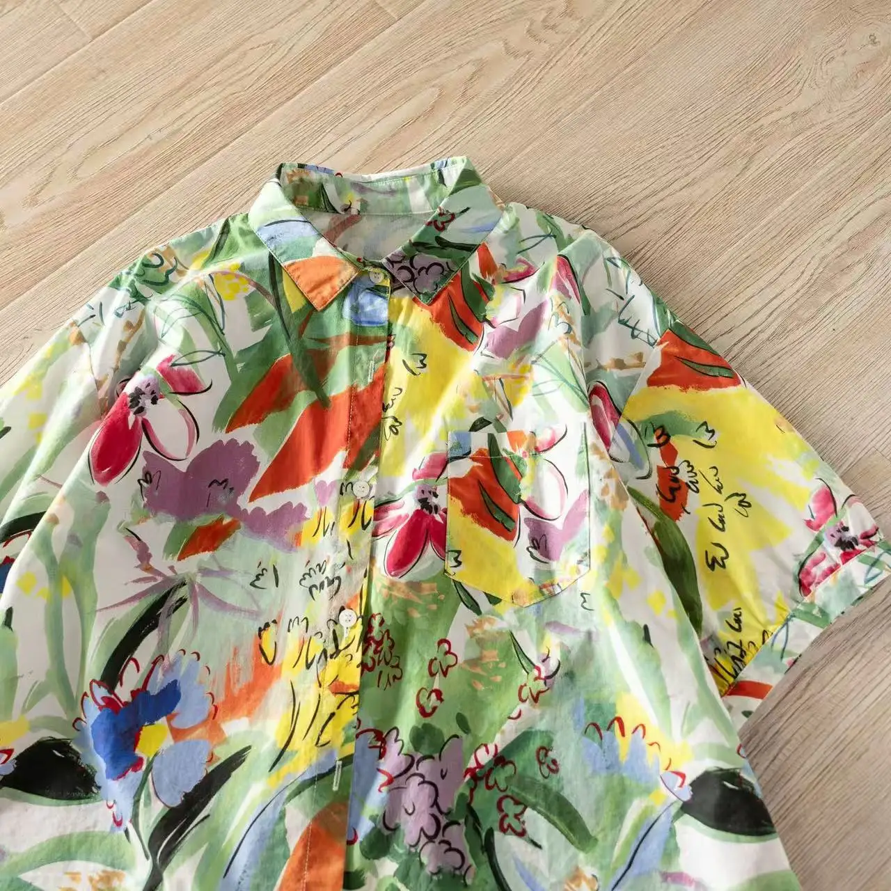 Pure Cotton Women\'s Floral Print Short Sleeve Shirts and Blouses Harajuku Fashion Oil Painting Style Blouse Summer Beach Tops