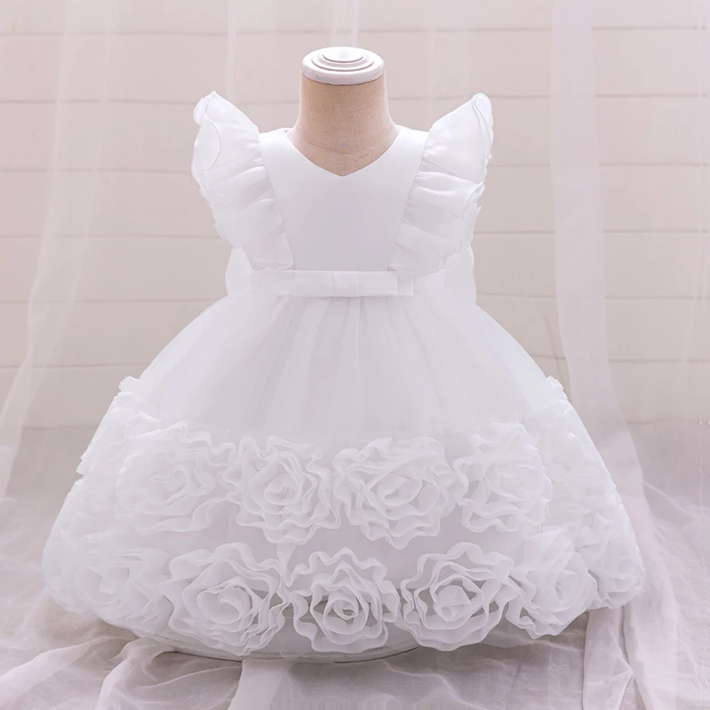 Big Flower Pink 1st Birthday Dress For Baby Girl Clothes Lace Princess Baptism Dress Girls Dresses Party Wedding Gown 0-4 Year