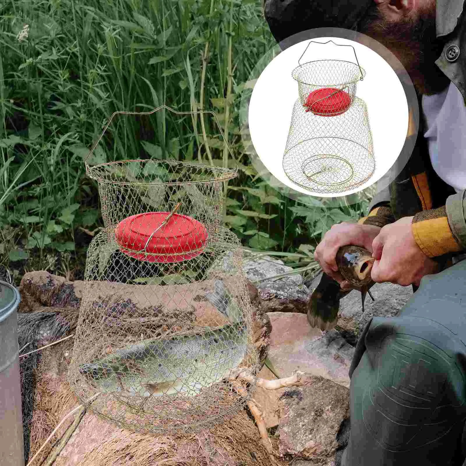 

Fish Basket Fishing Bait Traps Mesh Cage Catching Net Minnow Bucket Fishnets Supplies Drawstring High Capacity