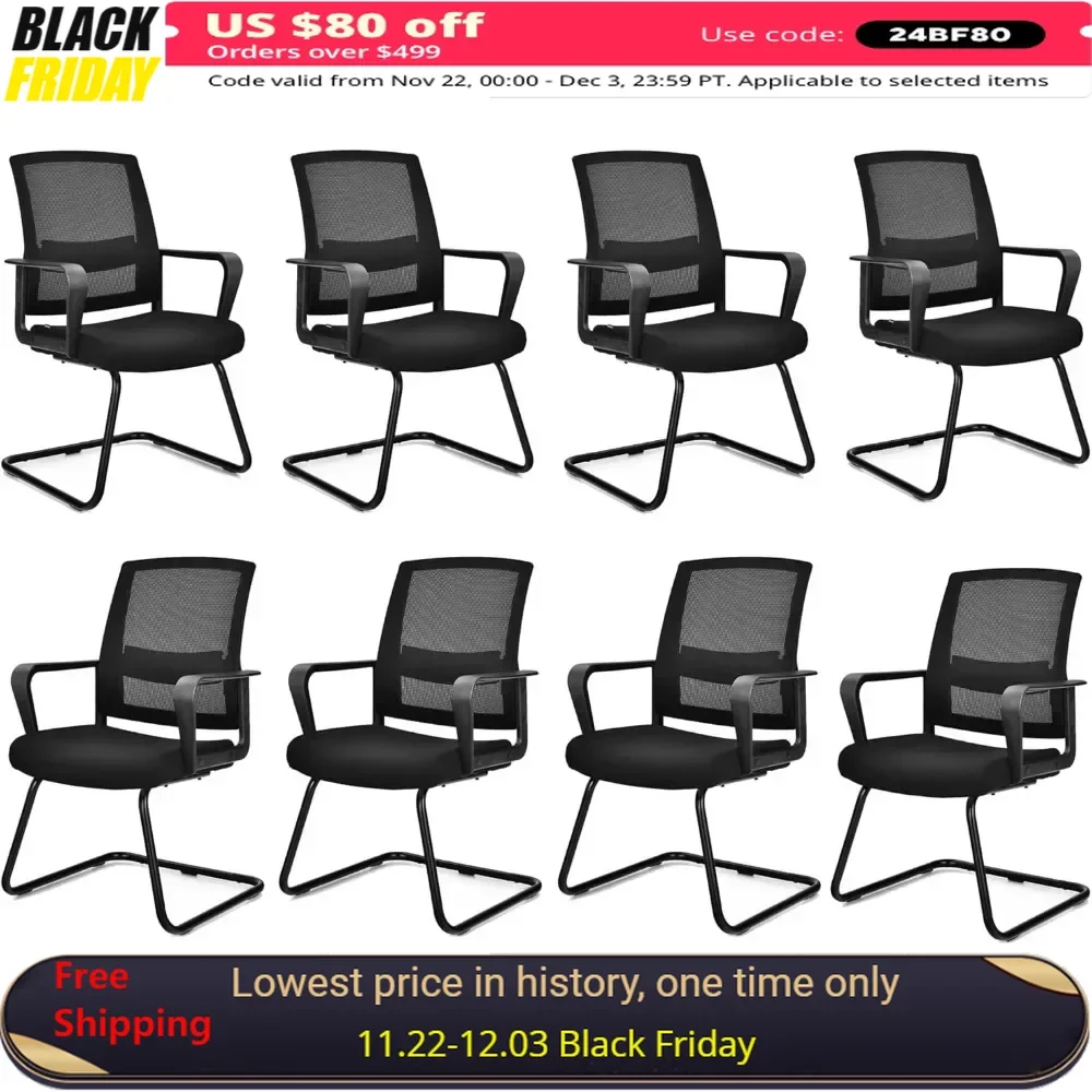 Conference Chairs Set of 8 with Adjustable Lumbar Support & Sled Base, No Wheels, Modern Mid Back Mesh Conference Chairs