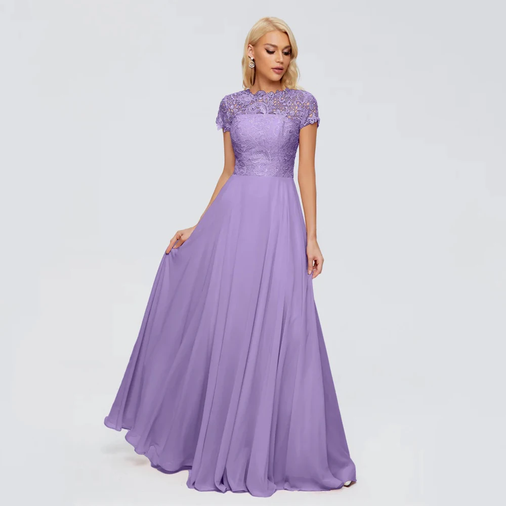 

DRESS FORU Purple Elegant Evening Dresses Chiffon for Floor-Length O-Neck Prom Dress A-line Lace Vestidos De Fiesta Customized
