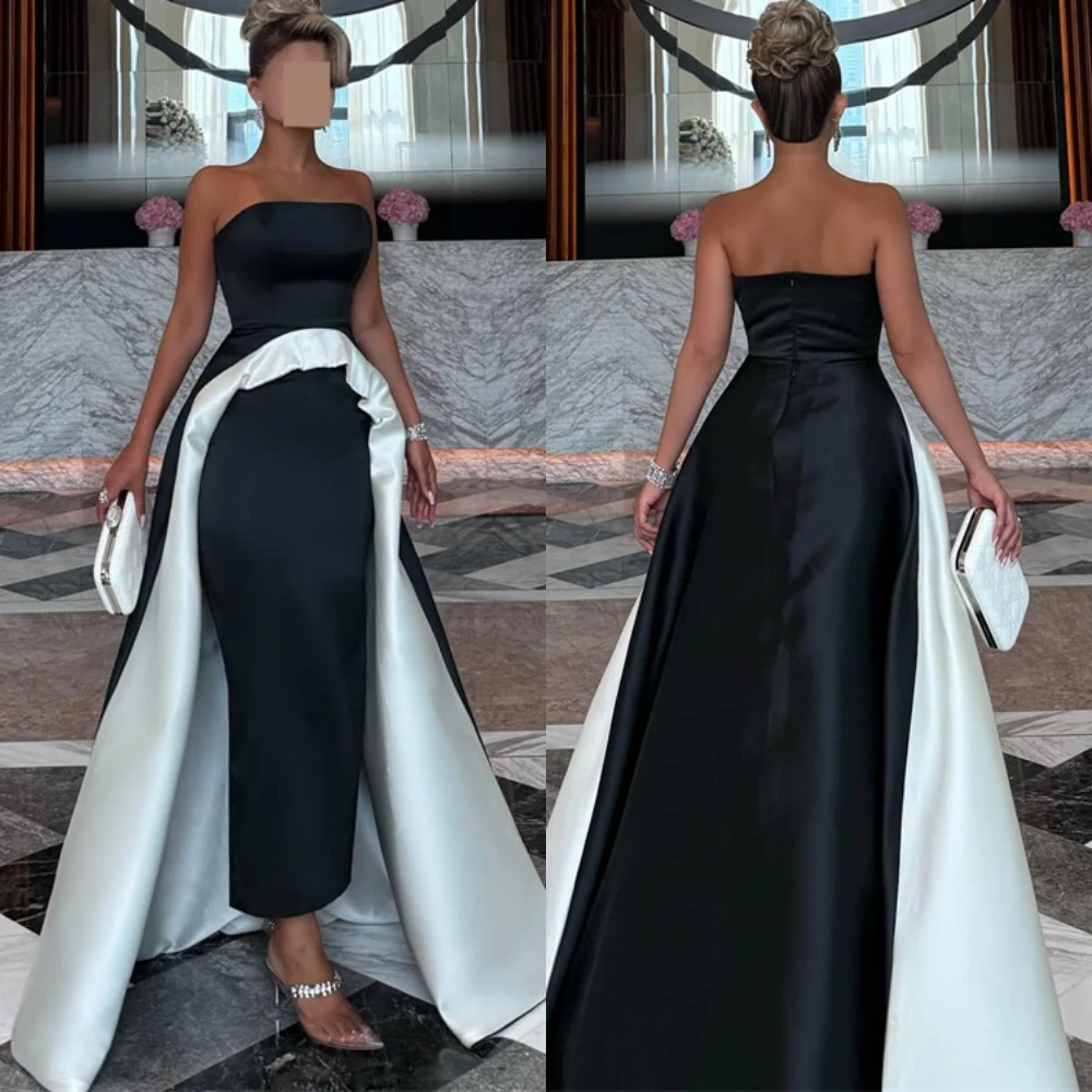 

Customized Elegant Satin Strapless Evening Dress Delicate Prom Dresses Temperament Contrast Color Special Occasion Gowns