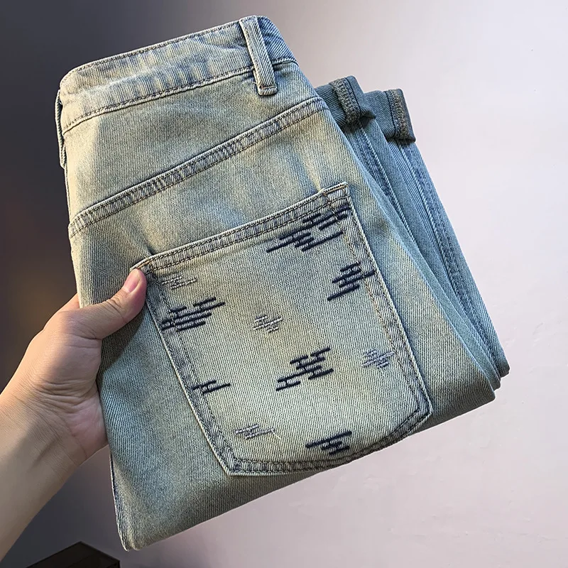 Retro American Jeans Men's Summer Light Blue Thin Micro Harem Trousers Twill Cotton Stretch Casual High-End Men's Clothing