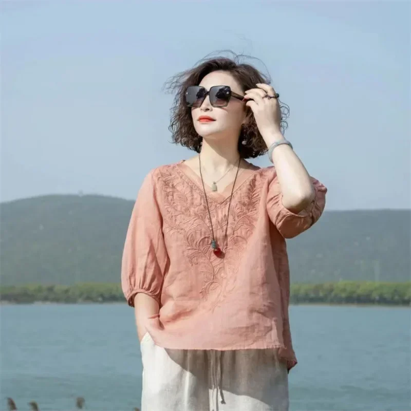 Summer New Literary Vintage Embroidery Cotton Linen Shirt Ladies Half Sleeve Loose Casual Fashion Blouse Women's Clothing Tops