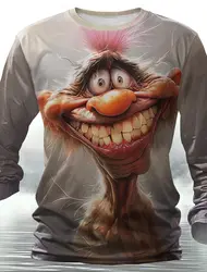 Funny animal design retro men 3D printing street casual daily gray longsleeved round neck shirt spring and autumn clothing