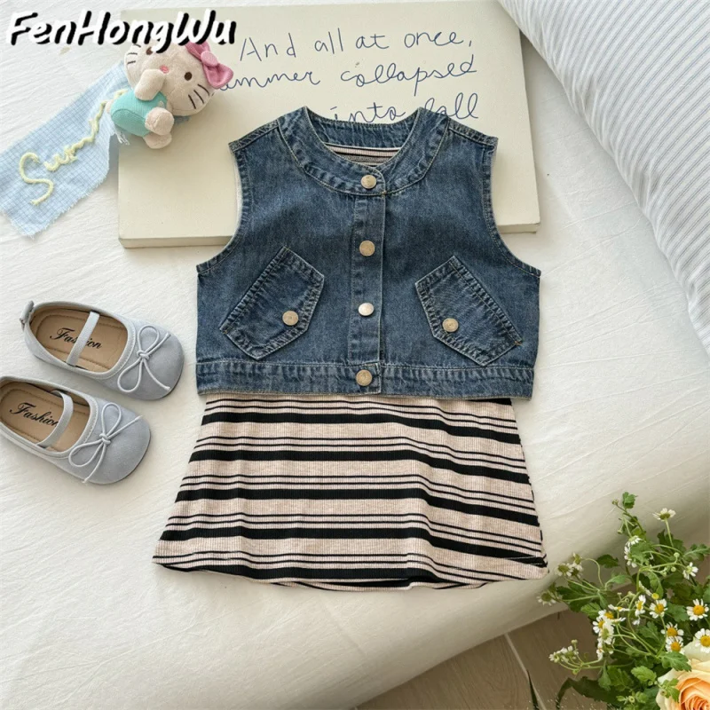 

Baby Girl Summer Fashionable Set2025New Style Children's Trendy Denim Vest and Korean Style Dress Two-Piece Set