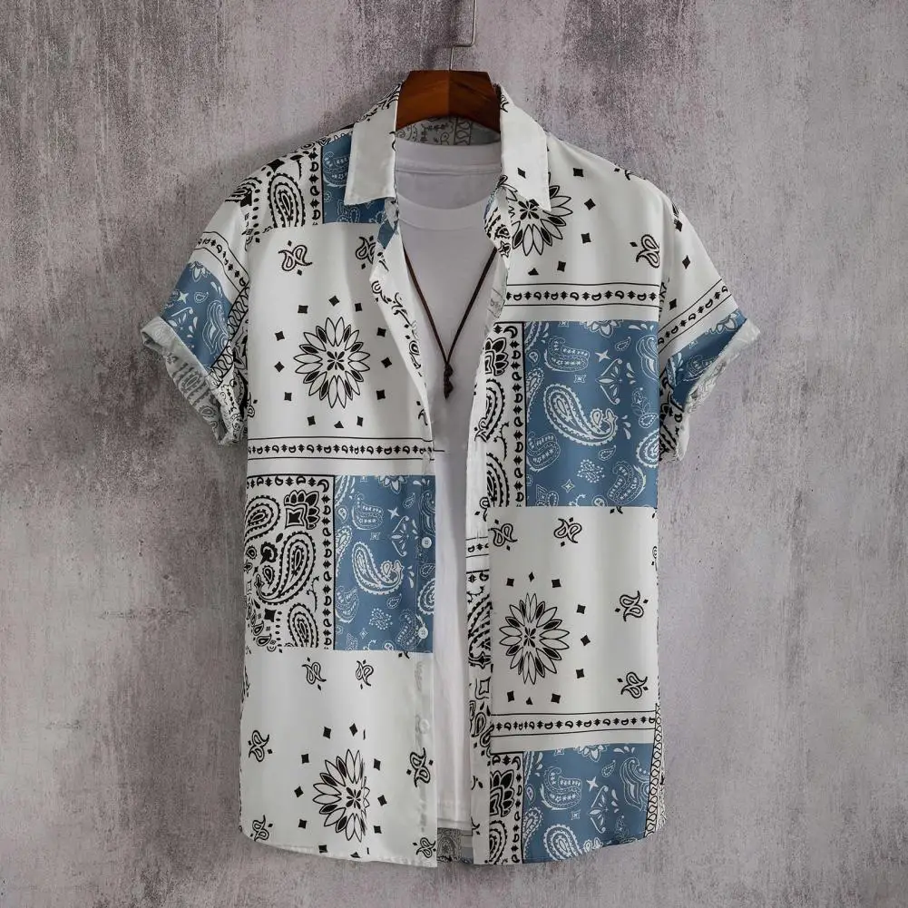 

Men Shirt Colorful Print Men's Beach Shirt with Short Sleeves Single-breasted Cardigan Loose Fit Mid Length Turn-down for Summer