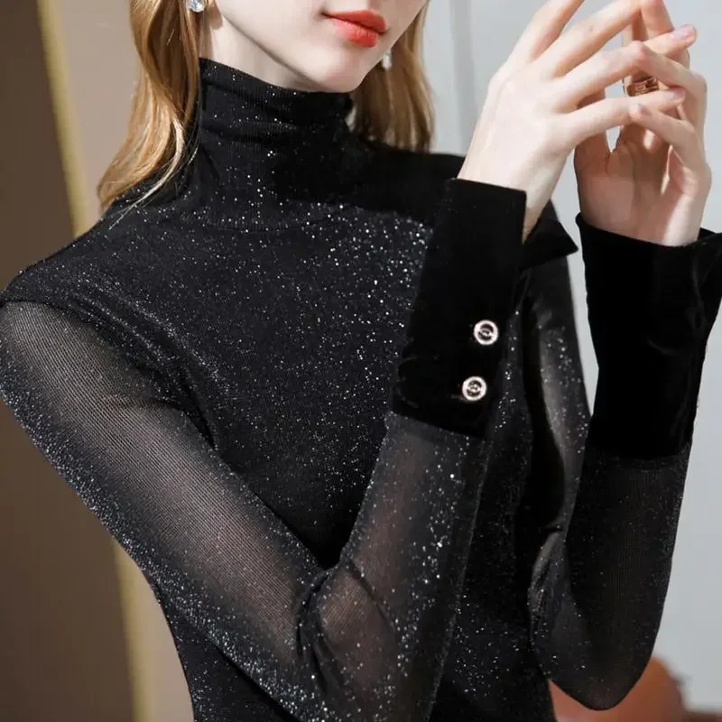 T-shirt Woman Lace Chiffon Turtleneck Sexy Clothing Black 2024 Trend Women's Top Tees Pulovers New In 90s Graphic Alt Kpop Old O