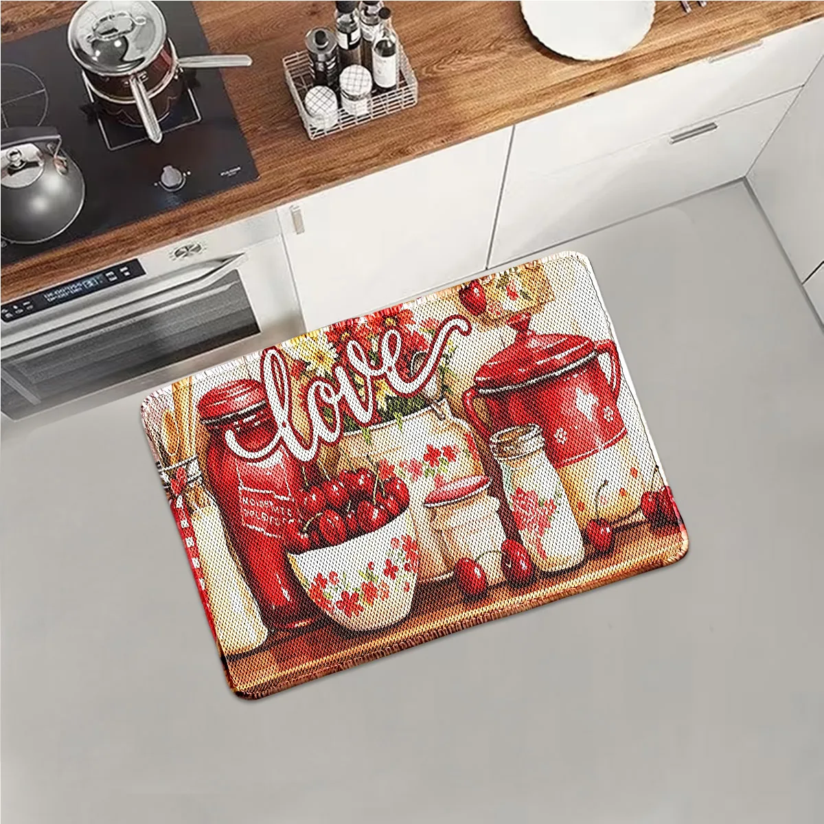 A Piece of American-Style Retro Cherry Jam Jar-Shaped Long Kitchen Mat, Oil-Resistant, Non-Slip, Comfortable, Dirt-Resistant, Long Entryway Doormat