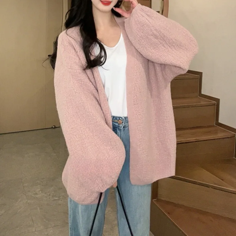 

Women's Loose Fit V-Neck Polyester Blend Treebark Patterned Outerwear Autumn New Style Short Bubble Sleeve Knitted Cardigan