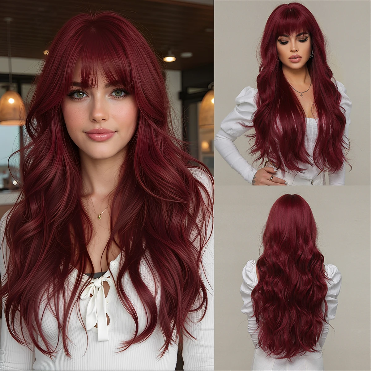 

Allbell Magique Wine Red Long Wig with Bangs Heat Resistant Long Wavy Burgundy Curly Synthetic Hair for Women Daily Party Use