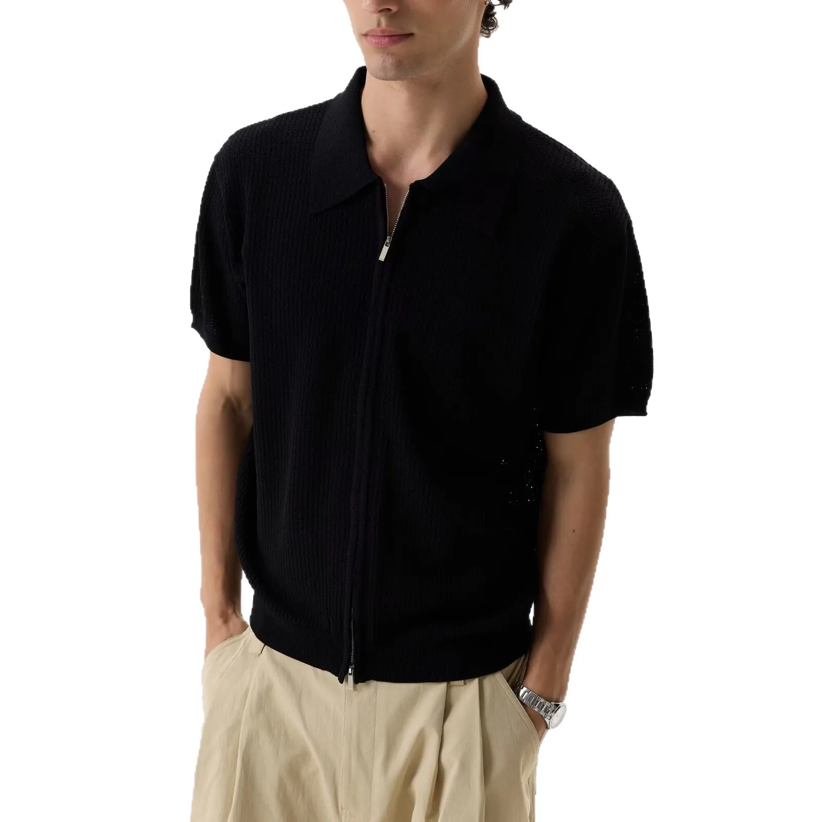 2026 Summer New Men's Knitted Polo Collar High Quality Comfortable Old Money Style Zipper Cardigan Short Sleeve