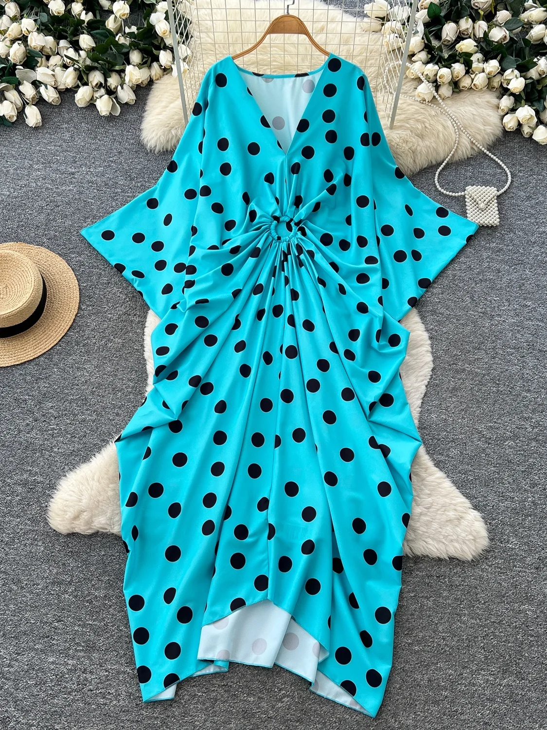 Elegant Polka Dot V-neck Knot Long Sleeve Midi Dress Women's Commute Dress Autumn Collection High Waist A-line Skirt