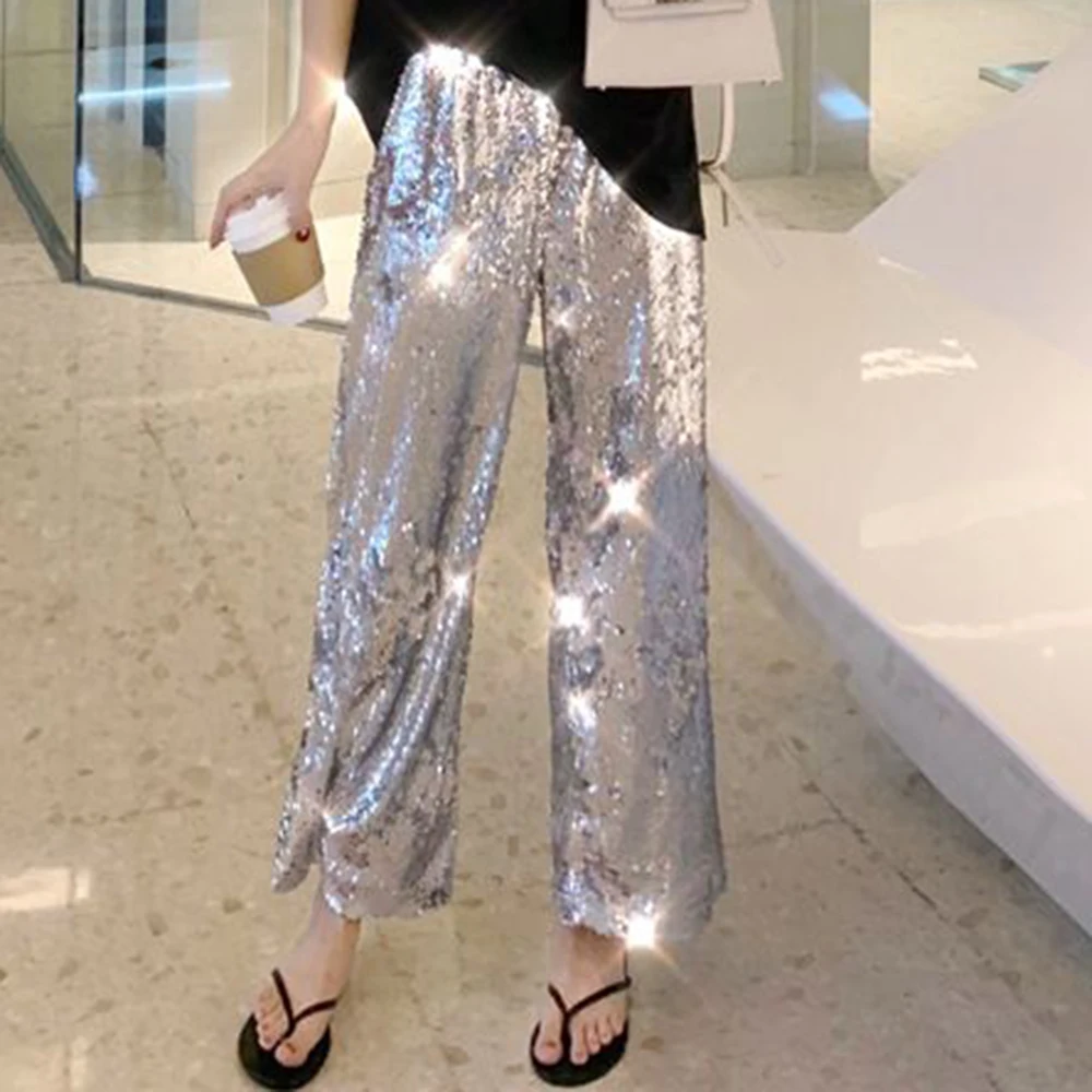 Spring and Autumn Loose Bling Silver Sparkling Sequin Elastic Waist Casual Nine-Point Pants Super Flash Wide Leg Pants Children