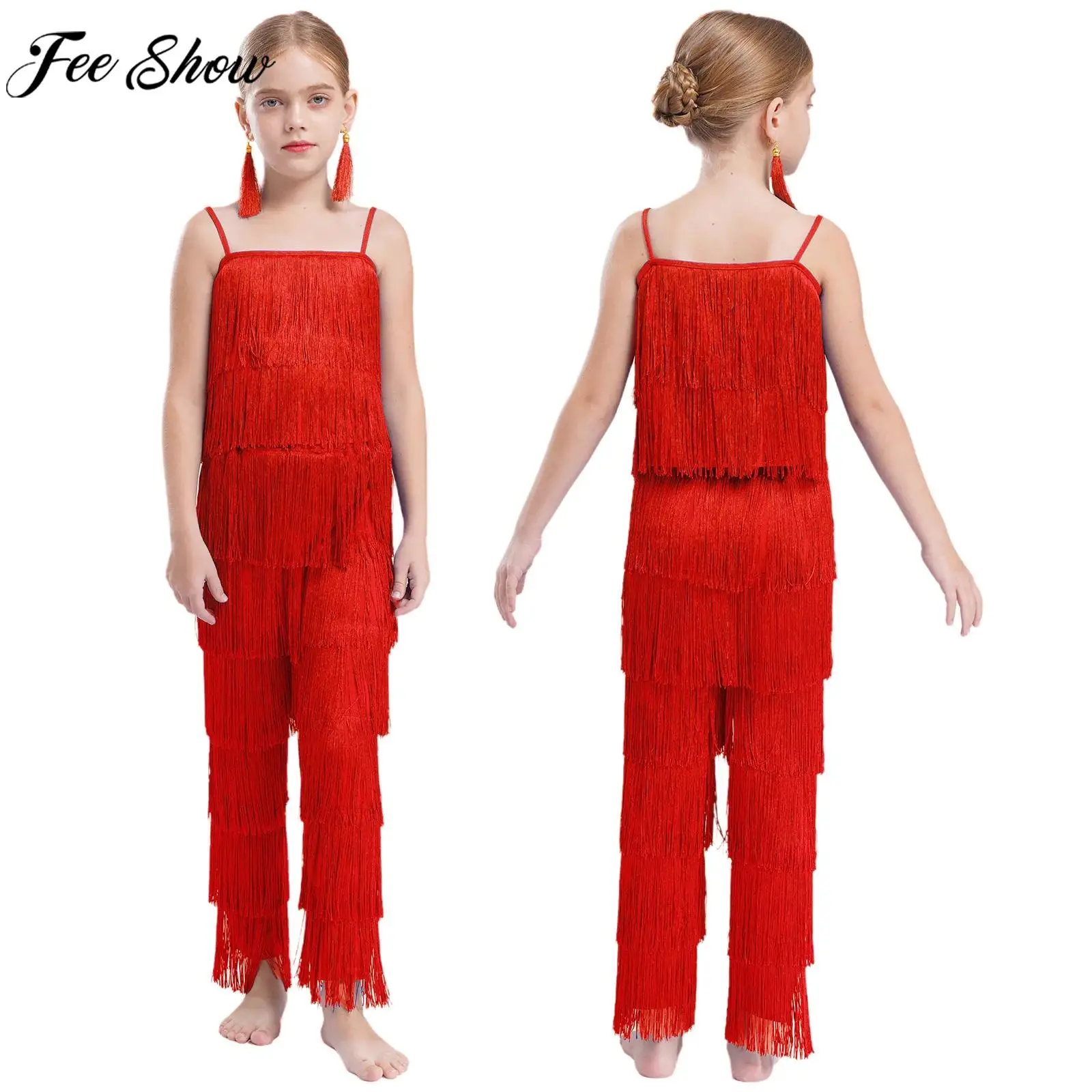 

Girls Latin Dance Stage Performance Costume Tassels Camisole Crop Top with Pants Fringe Ear Clips Cha-Cha Tango Salsa Clothes