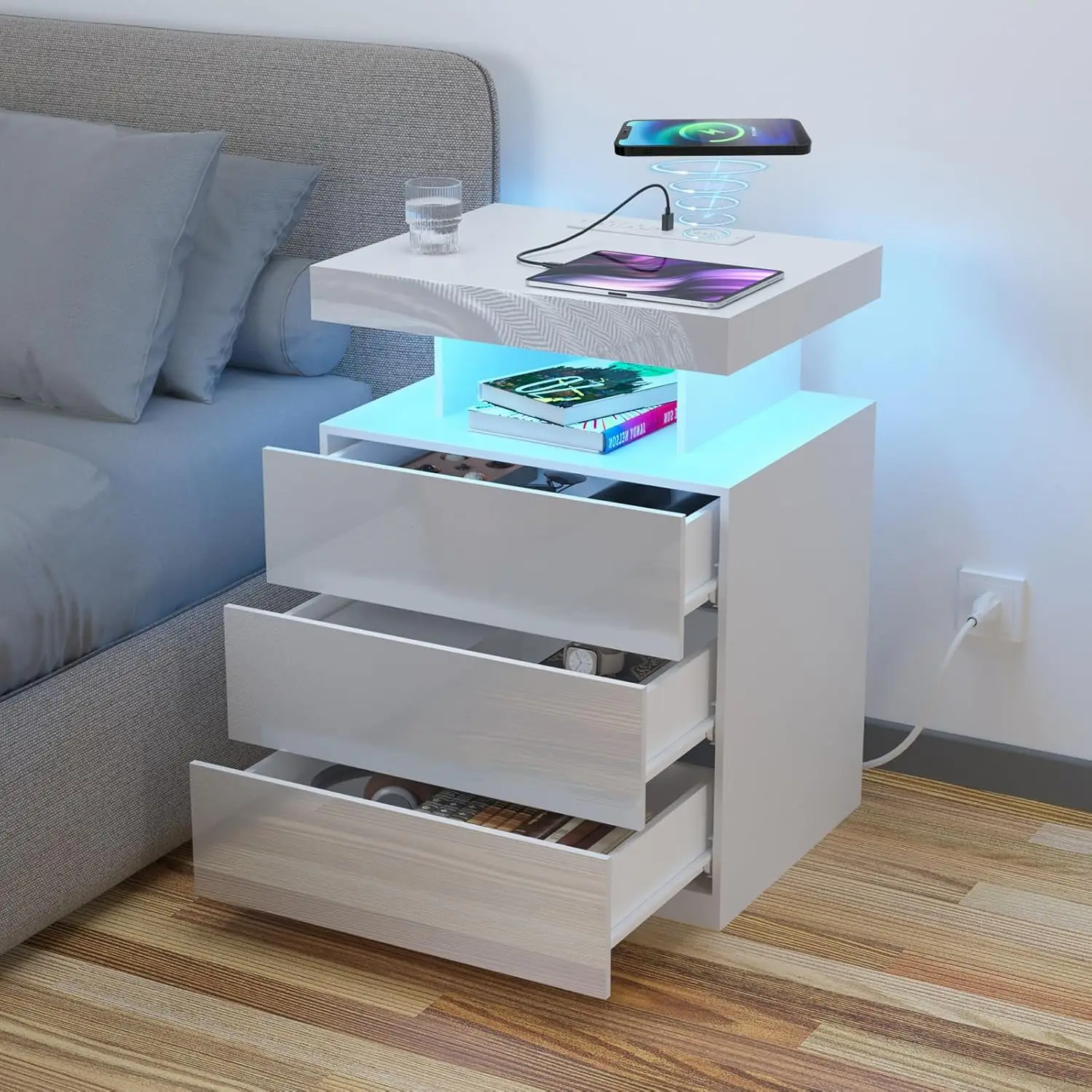Nightstand with Wireless Charging Station & USB Ports, 3 Drawer Night Stand with LED Light RGB Adjustable Brightness, Smart Nigh