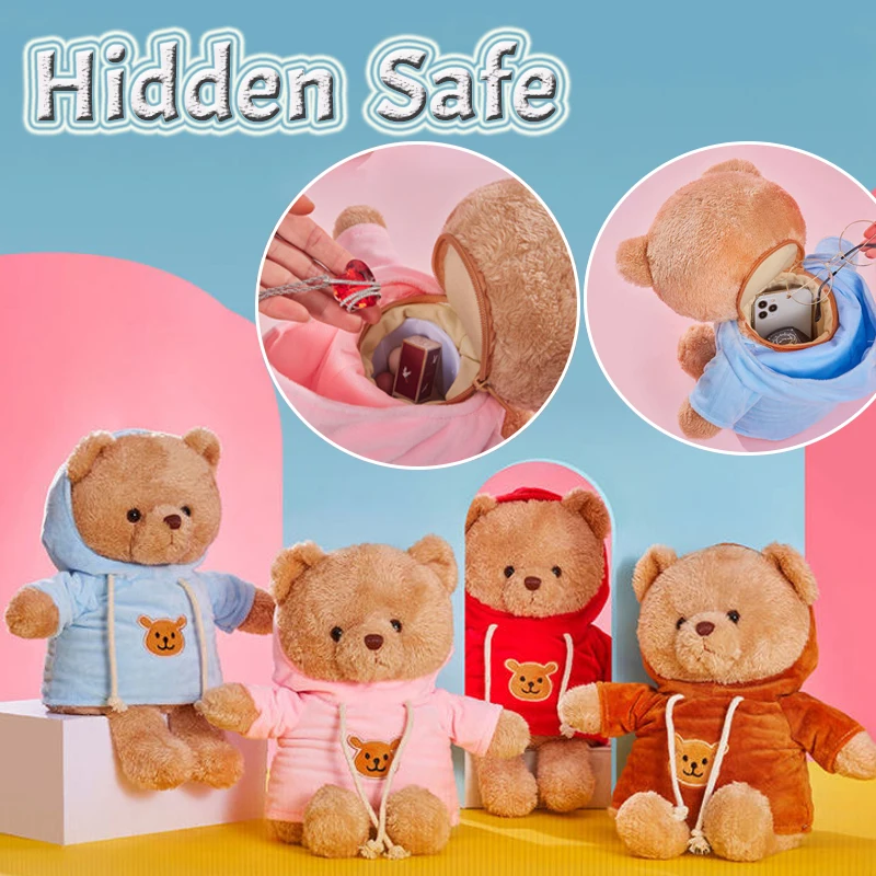 Cartoon Plush Bear Hidden Cofres, Armazenamento compartimento seguro, Sight Secret Presente criativo para dinheiro, Jóias e crianças, Boné removível