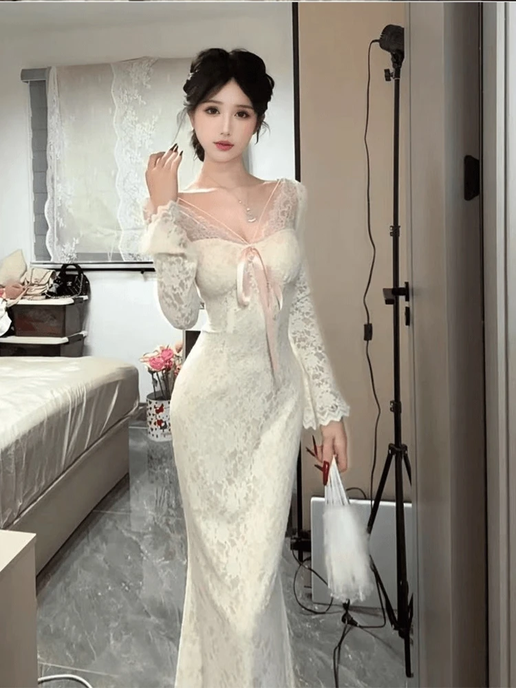 

Ele V-ne Long Dr Women Sexy High Waist Slim Fit Fi Tail Gown Knot Autumn Winter Faion Ciwalk X-aped